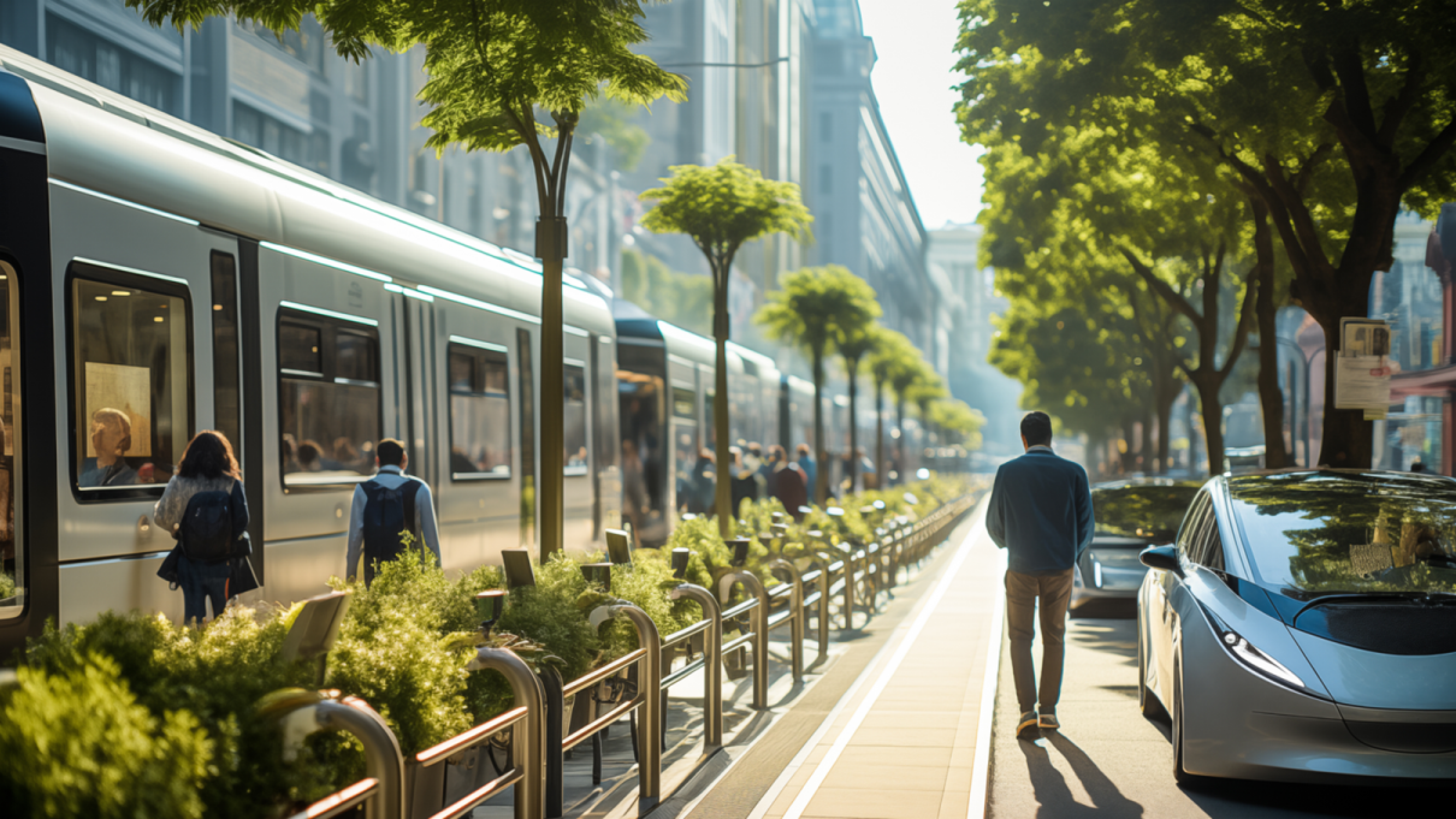 Rue animée avec trams et voitures modernes, piétons